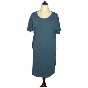 Coyuchi Women's Dress L Teal Blue Organic Cotton Midi Short Sleeve Tee Dress SS